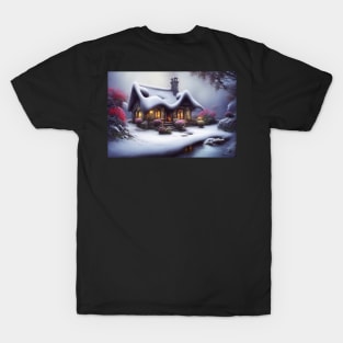 Magical Fantasy House with Lights in a Snowy Scene, Fantasy Cottagecore artwork T-Shirt